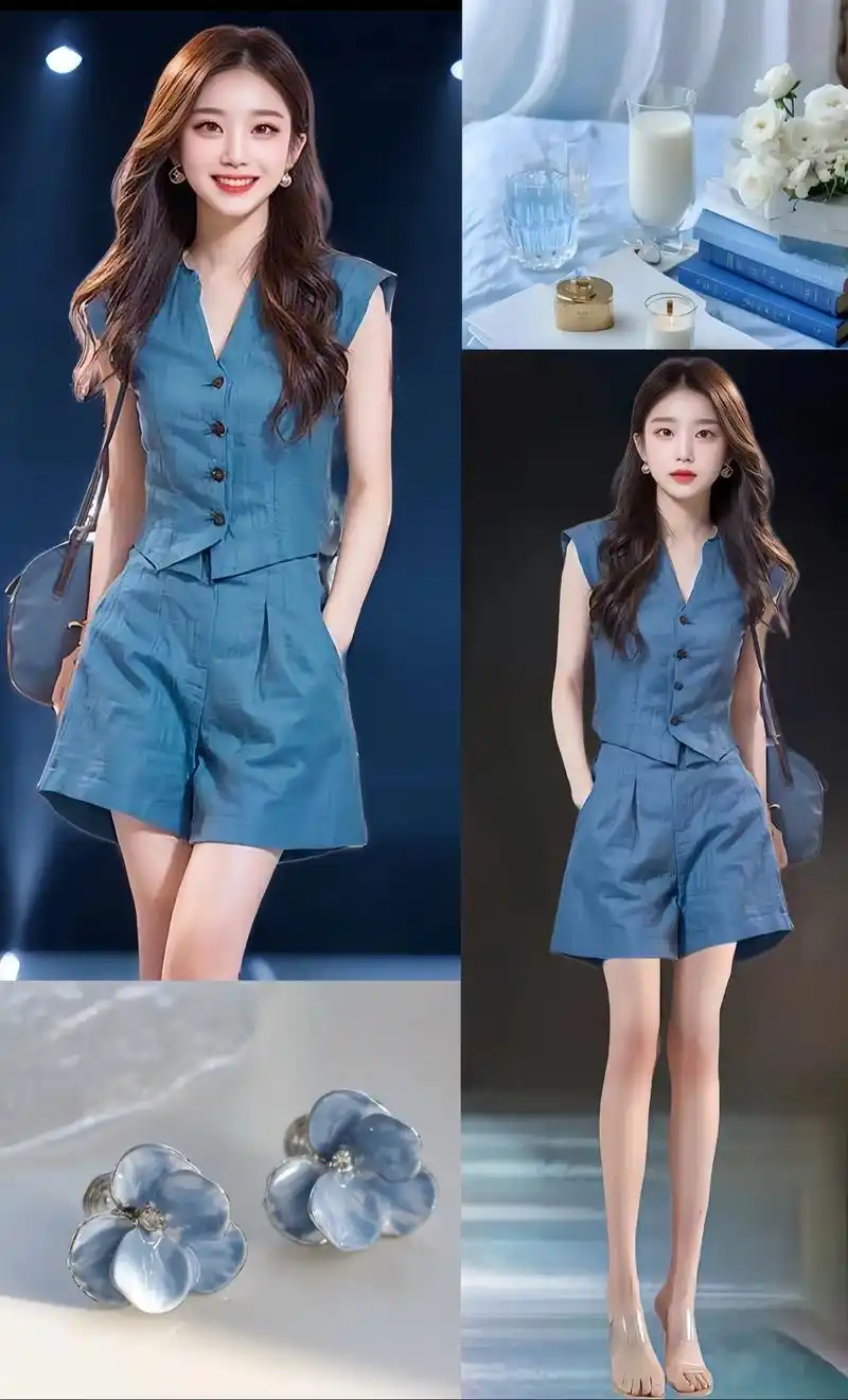 这套马甲套装好好看～颜色很特别孔雀蓝很显白～v领无袖上衣十同色系