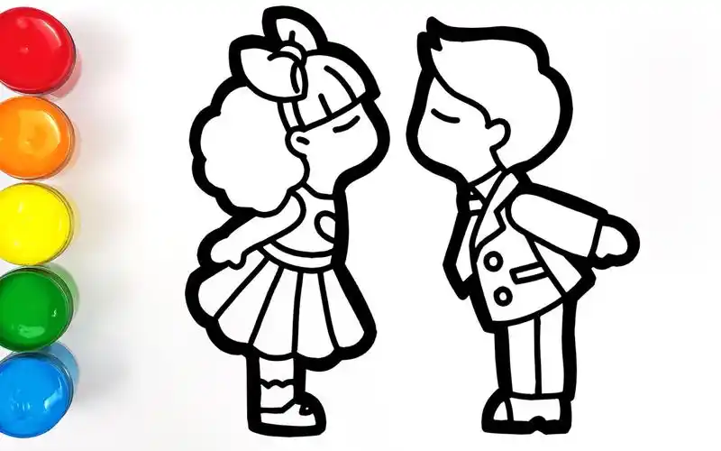 趣味儿童填色画超简单画一对可爱的亲亲小男孩和小女孩