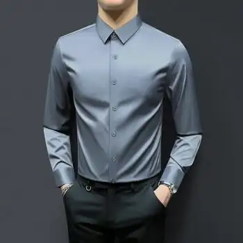 夏天男士长袖有领冰丝薄款衬衫青年色春季休闲修身坠感免烫商务职业上