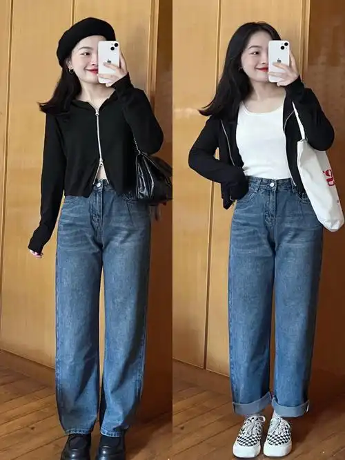 15598短上衣搭高腰直筒牛仔裤好显高显瘦