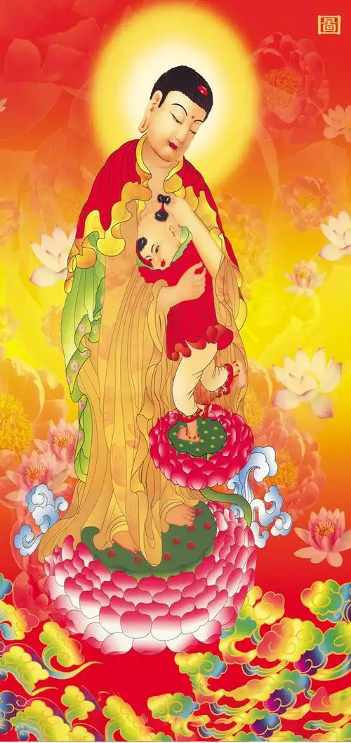 阿弥陀佛子归图佛像画像挂画挂像佛堂寺院寺庙结缘丝绸卷轴装饰画 子