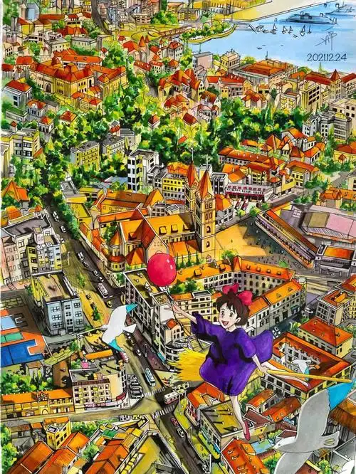 宫崎骏魔女宅急便马克笔手绘过程图