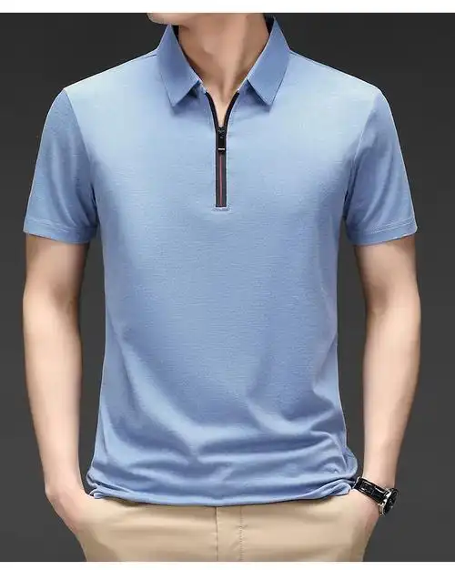 啄木鸟轻奢品牌男装冰丝t恤带拉链男短袖莫代尔翻领中年男士t恤纯色