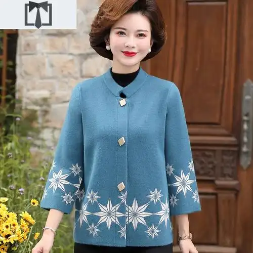 suntek洋气胖妈妈装春秋装短款针织开衫女毛衣外套中年加肥加大码外搭