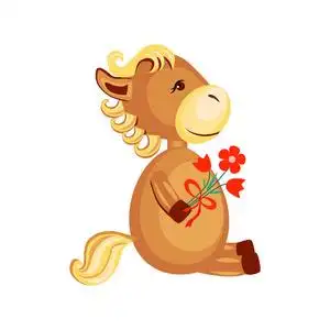 情人马与花矢量儿童卡通动物, 国内可爱的小马驹坐在白色, 节日贺卡的