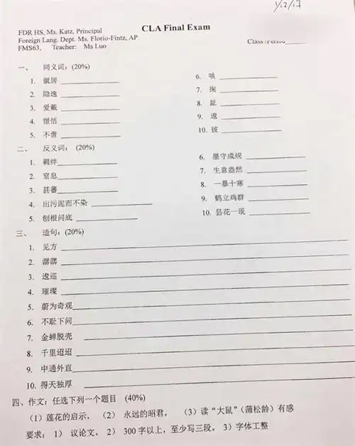【纽约高中中文试卷 看完