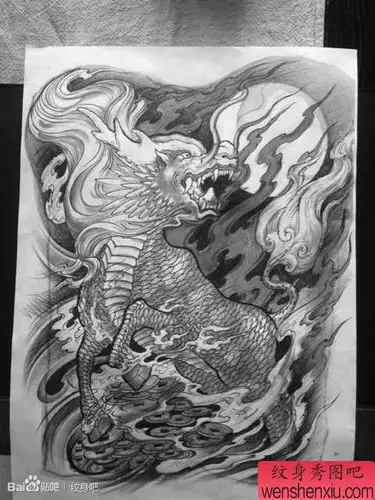 流行很帅的一幅满背麒麟纹身手稿