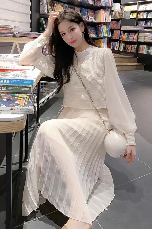 春季新款韩版小清新百搭v领马甲女长袖百褶连衣裙两件套时尚套装