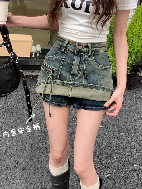 怀旧复古工装牛仔裙裤半身裙女春夏季甜酷妹高腰a字裙