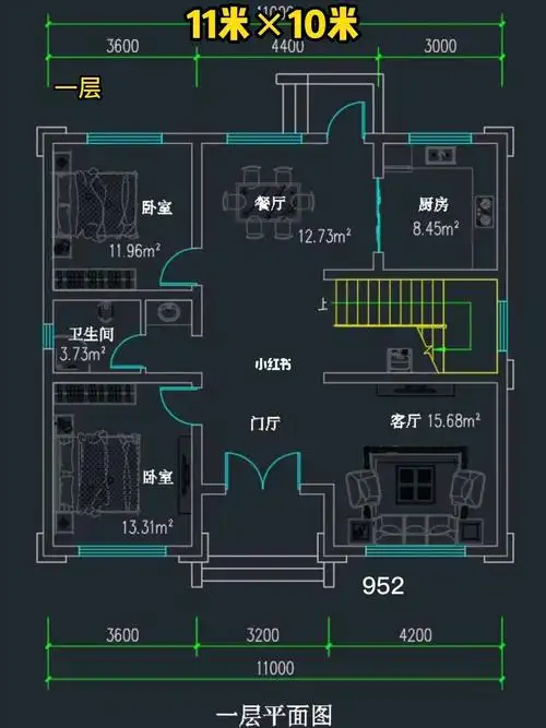 三间三层农村自建别墅图纸设计占地115平