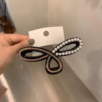 珍珠链条拼接蝴蝶结大号鲨鱼夹气质抓夹发夹 链条珍珠拼黑色【图片