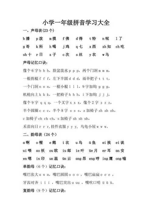 小学一年级拼音学习大全