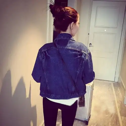 春秋牛仔外套女宽松上衣学生韩版短外套夹克百搭短款牛仔衣深蓝色