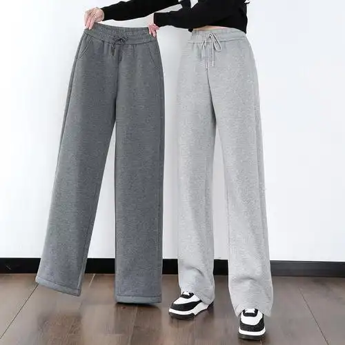 冬超羊羔运动裤女加绒加厚直筒微喇喇叭长裤休闲裤