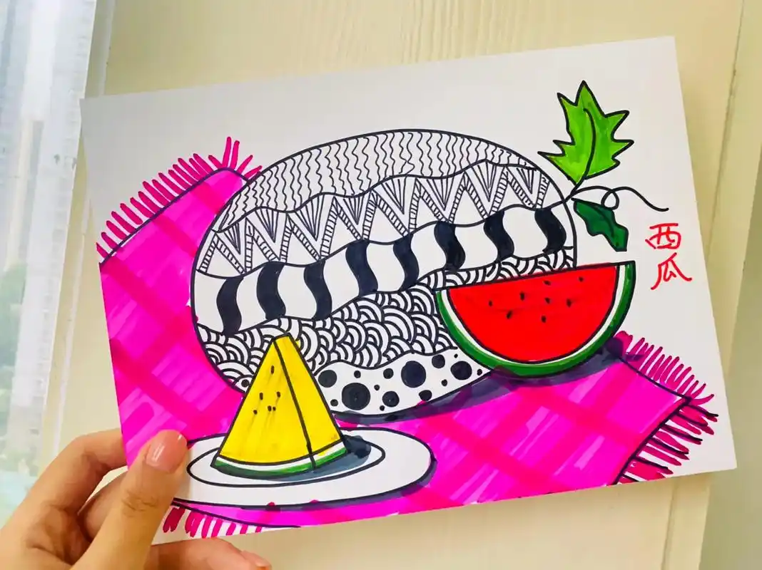 线描西瓜,适合一二年级的小朋友#创意美术 #线描 #画画 - 抖音