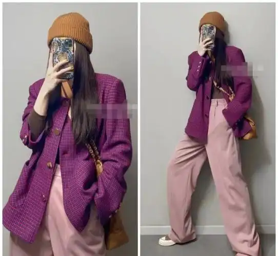 菲丝蕾;内搭:selfwholook3 粉色针织裤 香芋紫外套/深紫色打底粉色