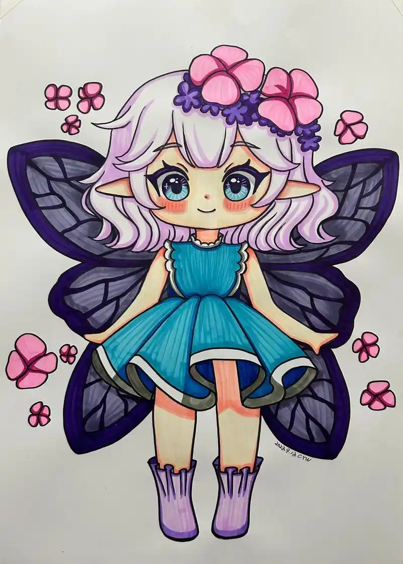 紫蝴蝶精灵.#马克笔手绘 #一起学画画 #漫画女孩 #q版人 - 抖音