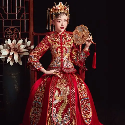 抖音同款秀禾服新娘2019新款结婚礼服中式婚纱凤冠霞帔古装秀和服