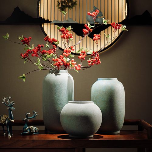 大口径花瓶复古摆件客厅插花玄关大肚子装饰禅意宽口新中式陶瓷