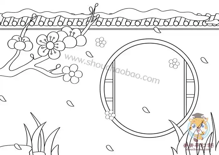 1,首先在左上角画一枝梅花,可以把梅花画的大一点,把梅花枝也画出来