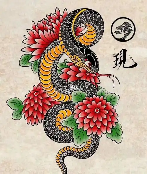 菊花蛇纹身老传统蛇菊花手稿