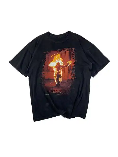 rammstein德国战车金属乐队复古火焰做旧短袖vtgt恤