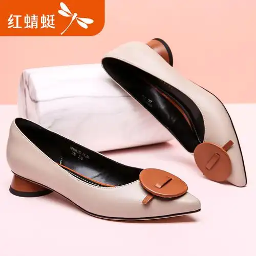 红蜻蜓女鞋新款夏季中粗跟浅口优雅时尚百搭职业套脚单鞋
