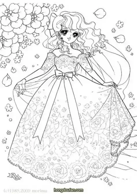 穿着漂亮蕾丝大裙子的小公主在线涂色图片大全-红豆饭小学生简笔画