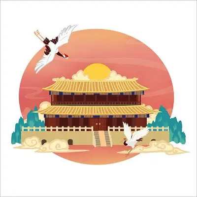 仙鹤环绕黄色故宫中式建筑飞翔宫廷城市记忆png素材