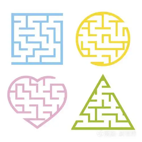 一套彩色的浅色迷宫.圆,正方形,三角形,心.孩子们的游戏.