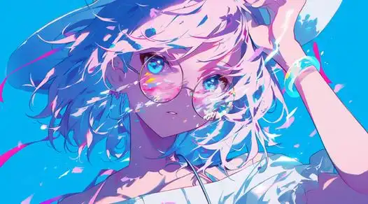 蓝色背景,戴着眼镜的美丽动漫女孩,女生桌面壁纸图片