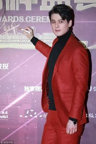 郭品超毛呢西装高领衫 红黑配高大帅气