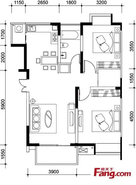 d2户型 两室两厅一卫 建筑面积:90平米