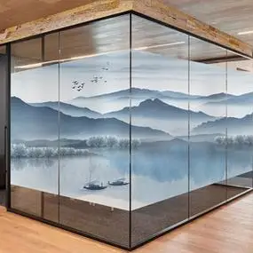 玻璃门贴纸高级办公室贴膜静电磨砂无胶透光不透明推拉移门山水画