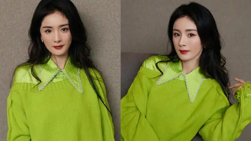 杨幂叠穿绿色上衣清爽有型 搭皮靴秀笔直长腿活力十足