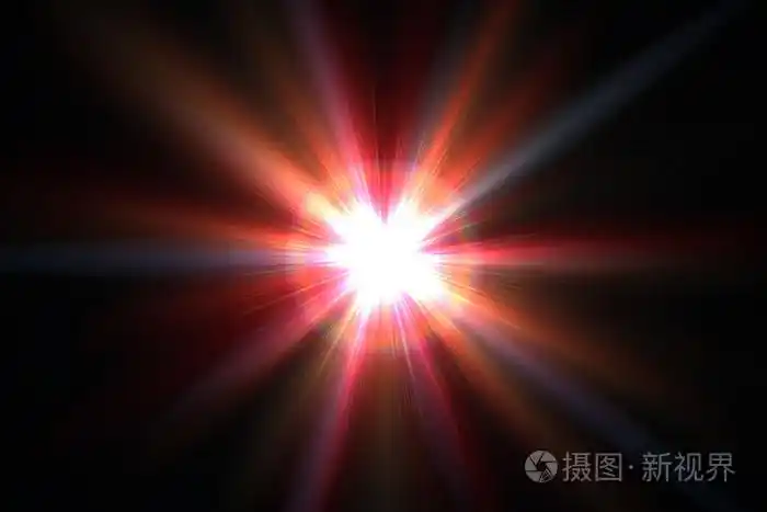 星星,太阳与镜头眩光.射线光在黑色背景上的红色