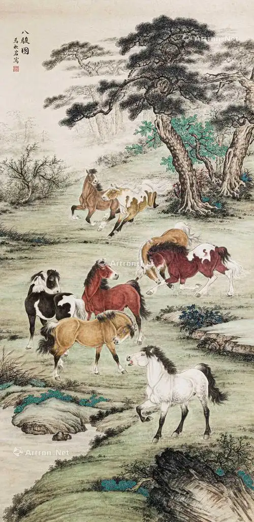 0022八骏图立轴设色纸本