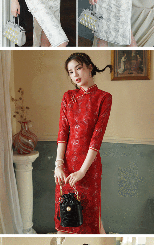 2020秋冬新款雪尼尔蕾丝八扣中长五分袖旗袍jn-028