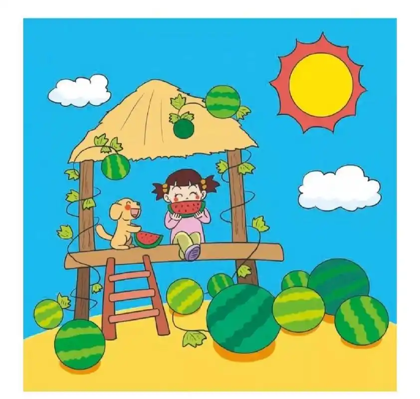 看图写话 夏日瓜田 夏天来了,天空中飘着朵朵白云,地面上没有一点儿风