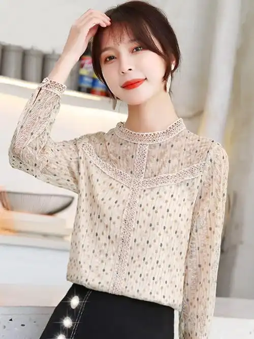 长袖打底衫雪纺女上衣春装2021年新款百搭小衫女高档洋气蕾丝衬衫