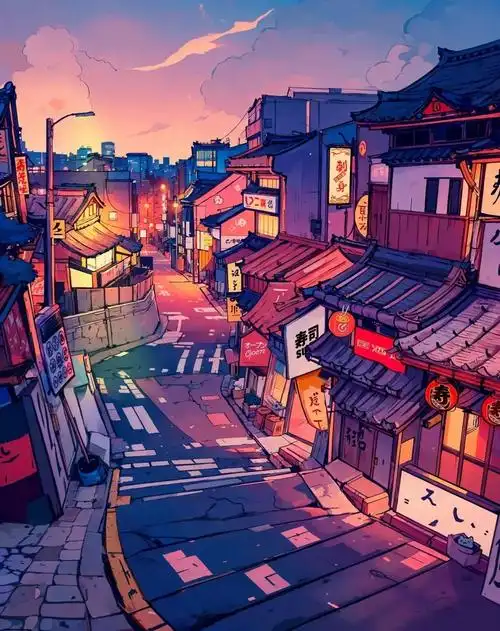 超温馨的街景晚霞插画设计