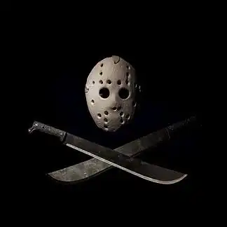 曲棍球面具和砍刀的黑暗图片