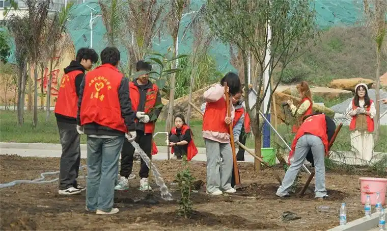 志愿者们植树的背影组成了校园中一道靓丽的风景线,志愿者们也在植树