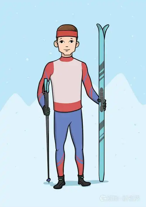 插画 年轻男子越野滑雪的地位.冬季运动,滑雪比赛.矢量图.