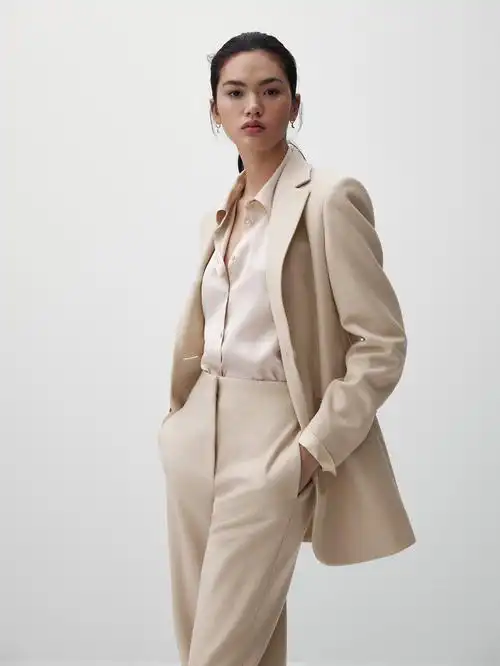 massimo dutti女装 2022新款浅米色女士一粒扣羊毛西装外套女通勤