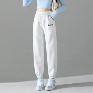 白色卫裤女春季新款运动裤高个子加长款刺绣宽松休闲裤束脚哈伦裤