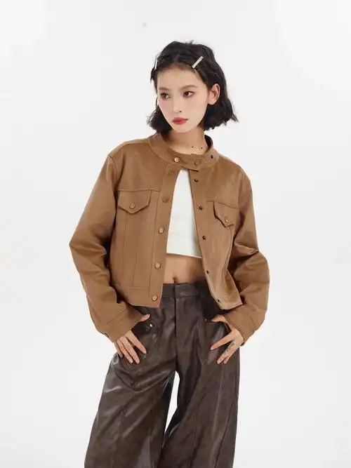 美式复古棕色皮衣外套女春秋秋冬短款小个子鹿皮绒夹克美拉德穿搭