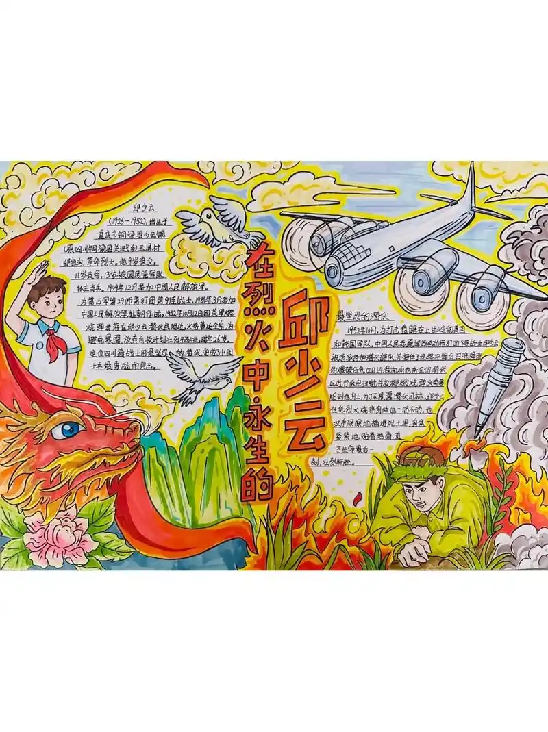 【邱少云】手抄报.烈火英雄#手抄报模板 #马克笔手绘 #原创 - 抖音