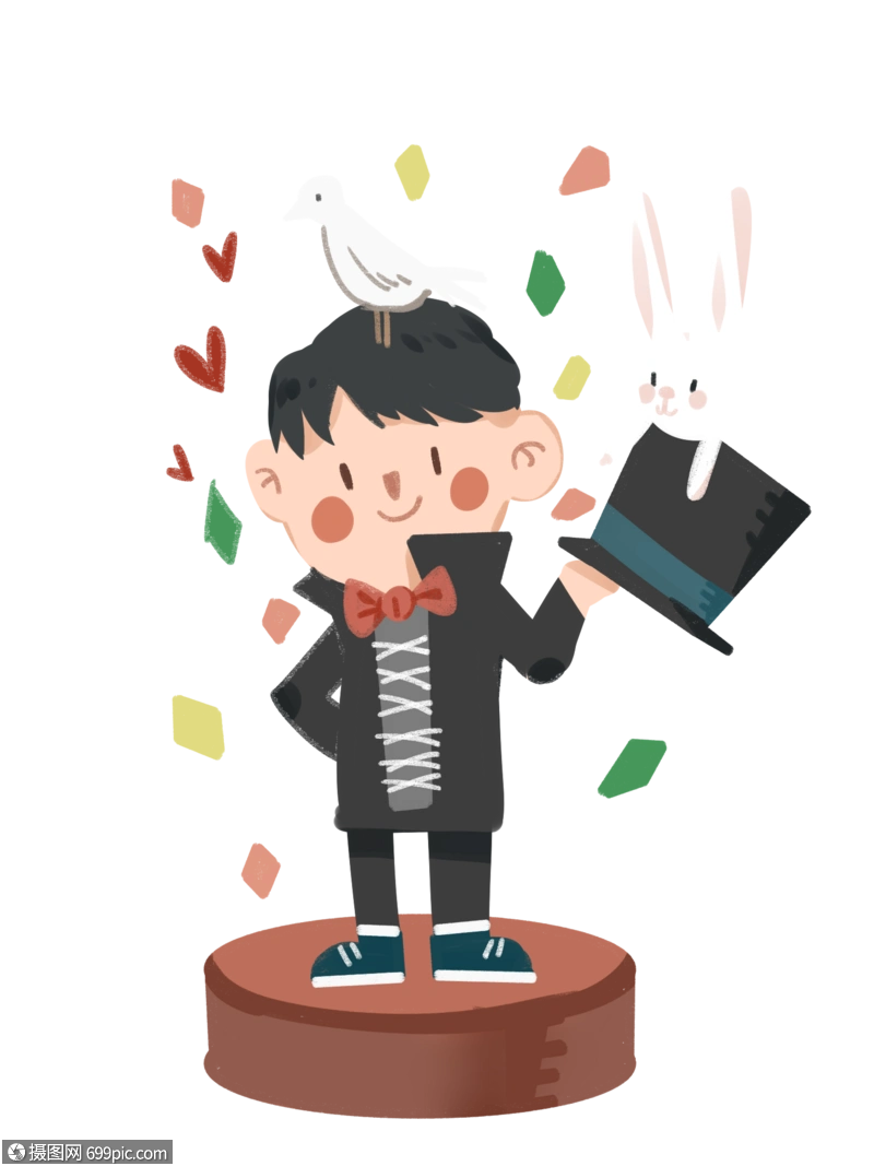 免抠元素 手绘/卡通元素 魔术师与动物变魔术.psd