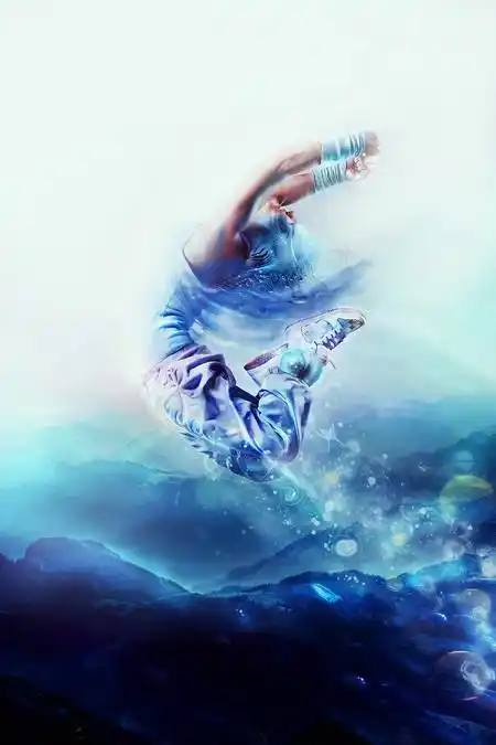 ps合成蓝色动感的人物跳跃特效照片